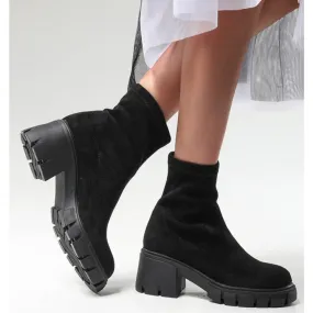 Women faux suede chelsea boots | High top slip on winter boots | Chunky heel platform boots