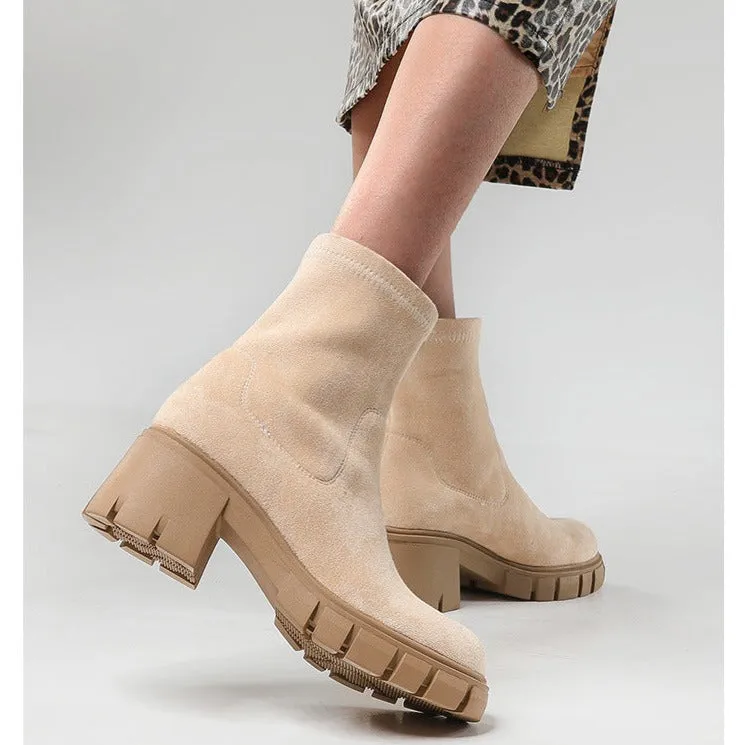 Women faux suede chelsea boots | High top slip on winter boots | Chunky heel platform boots