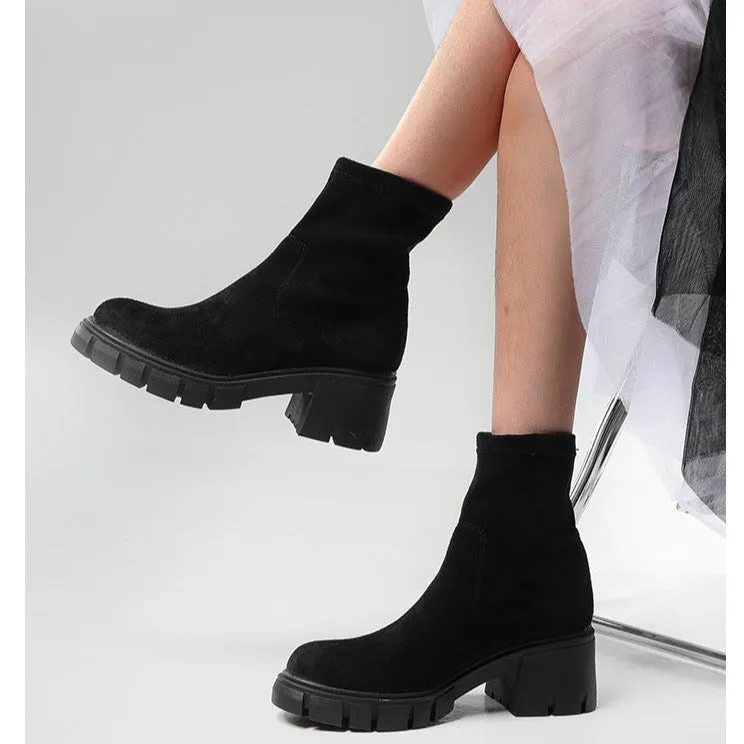 Women faux suede chelsea boots | High top slip on winter boots | Chunky heel platform boots