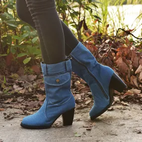Women Retro Denim Heeled Mid Calf Boots