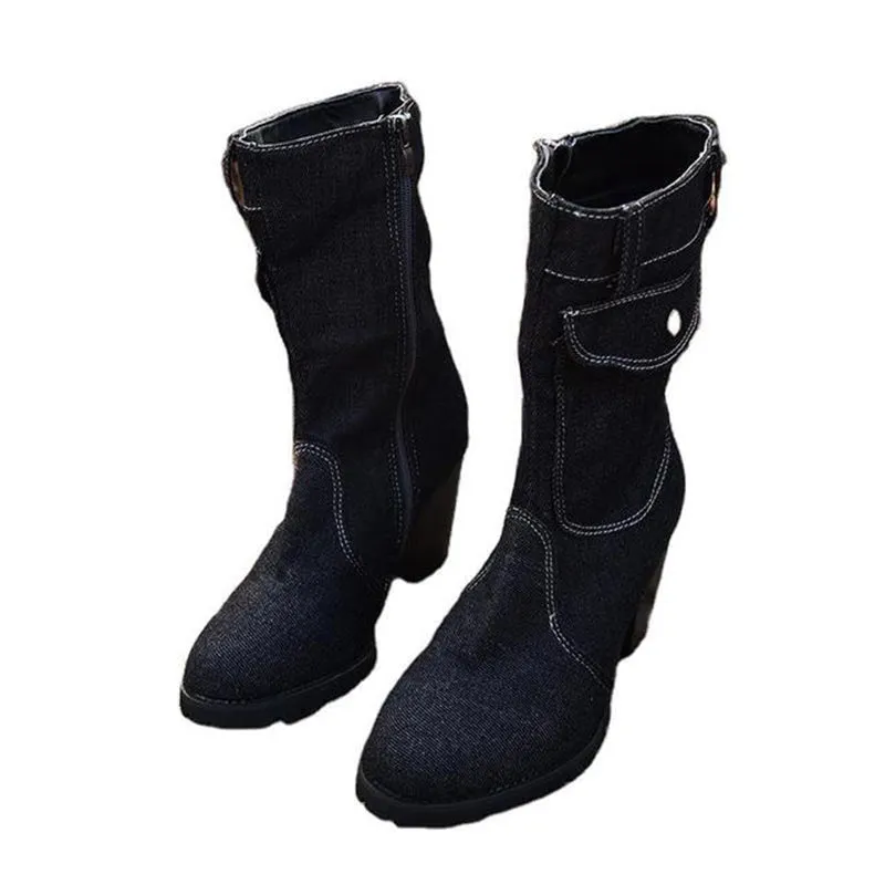 Women Retro Denim Heeled Mid Calf Boots