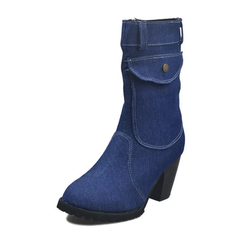 Women Retro Denim Heeled Mid Calf Boots