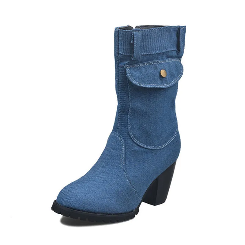 Women Retro Denim Heeled Mid Calf Boots