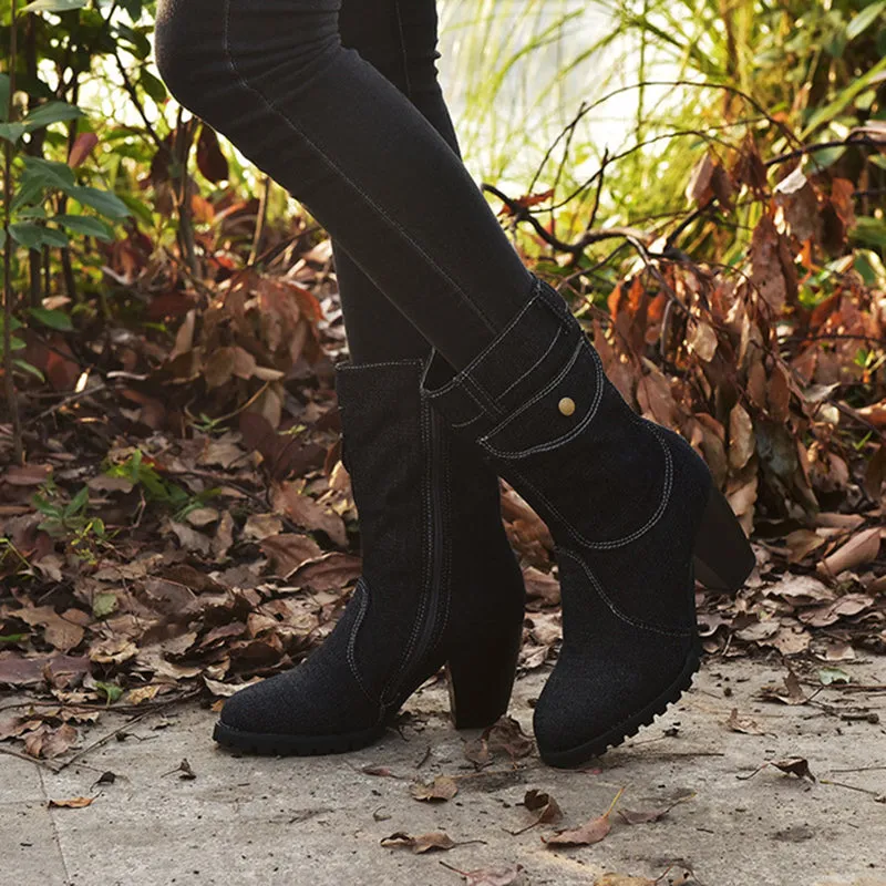 Women Retro Denim Heeled Mid Calf Boots