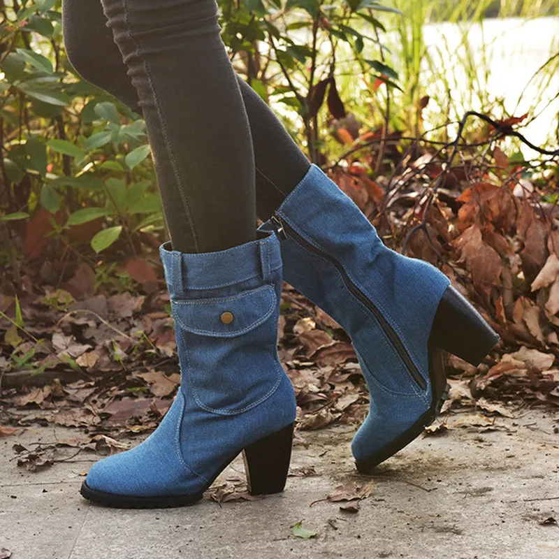 Women Retro Denim Heeled Mid Calf Boots