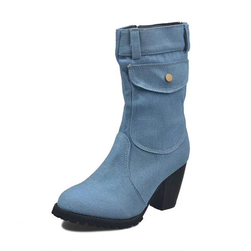 Women Retro Denim Heeled Mid Calf Boots