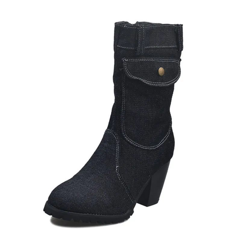Women Retro Denim Heeled Mid Calf Boots