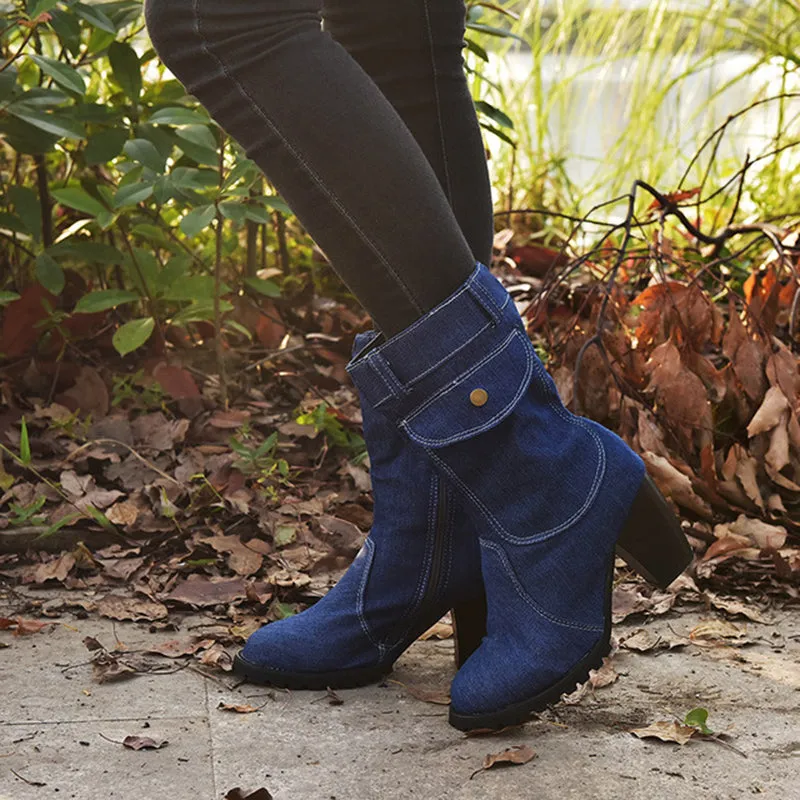 Women Retro Denim Heeled Mid Calf Boots