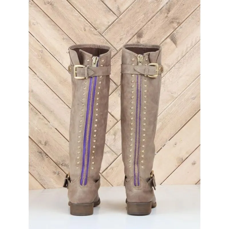 Women retro knee high biker boots | Back zip rivets riding boots