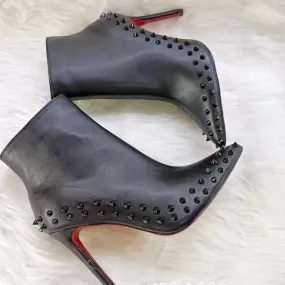 Women short pointed toe side zipper studded stiletto heeled boots
