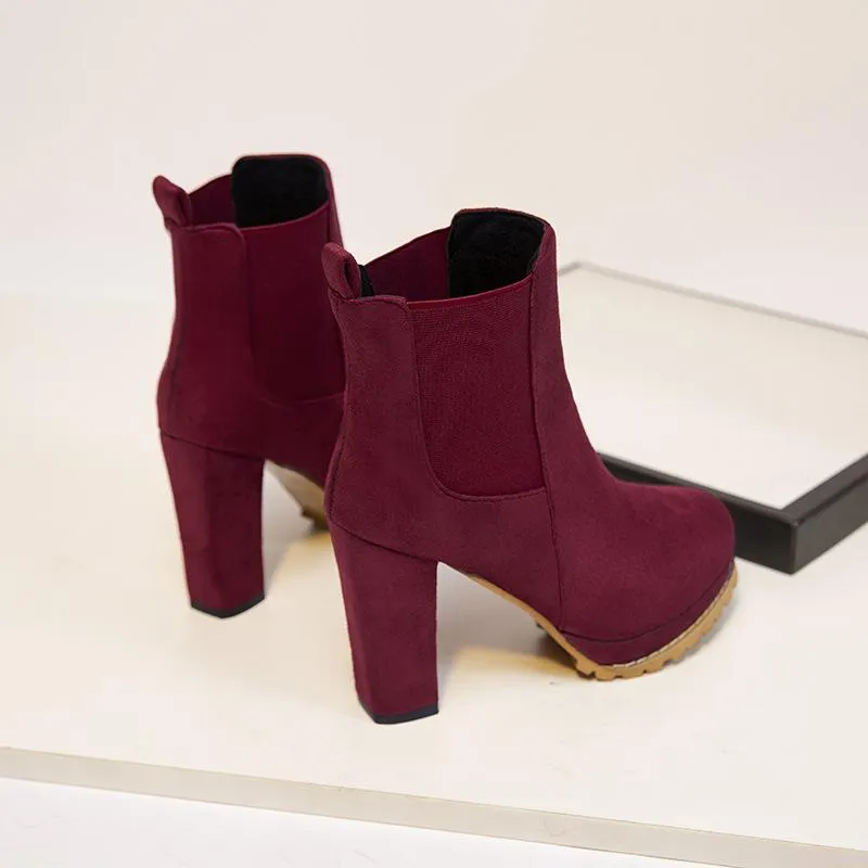 Women short slip on platform chunky high heel boots