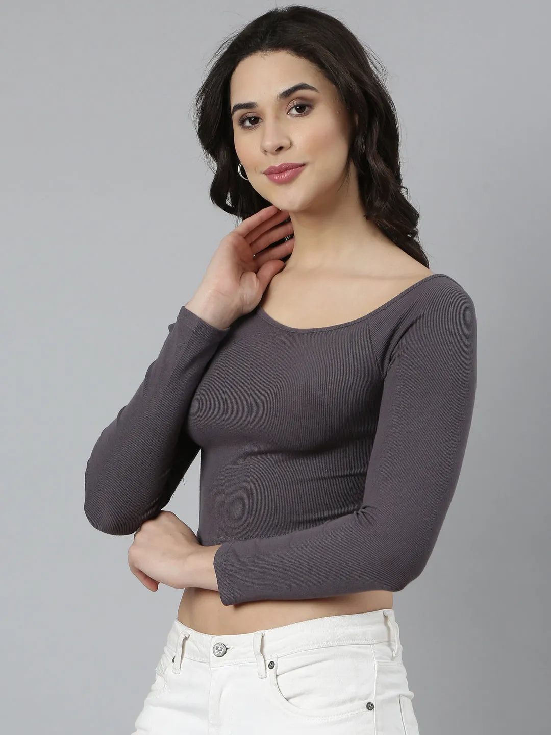 Women Solid Grey Crop Top