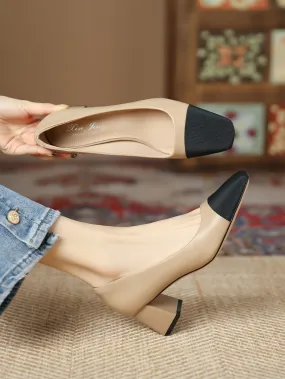 Women Two Tone Square Toe Chunky Heeled Pumps, Elegant Outdoor Court Pumps