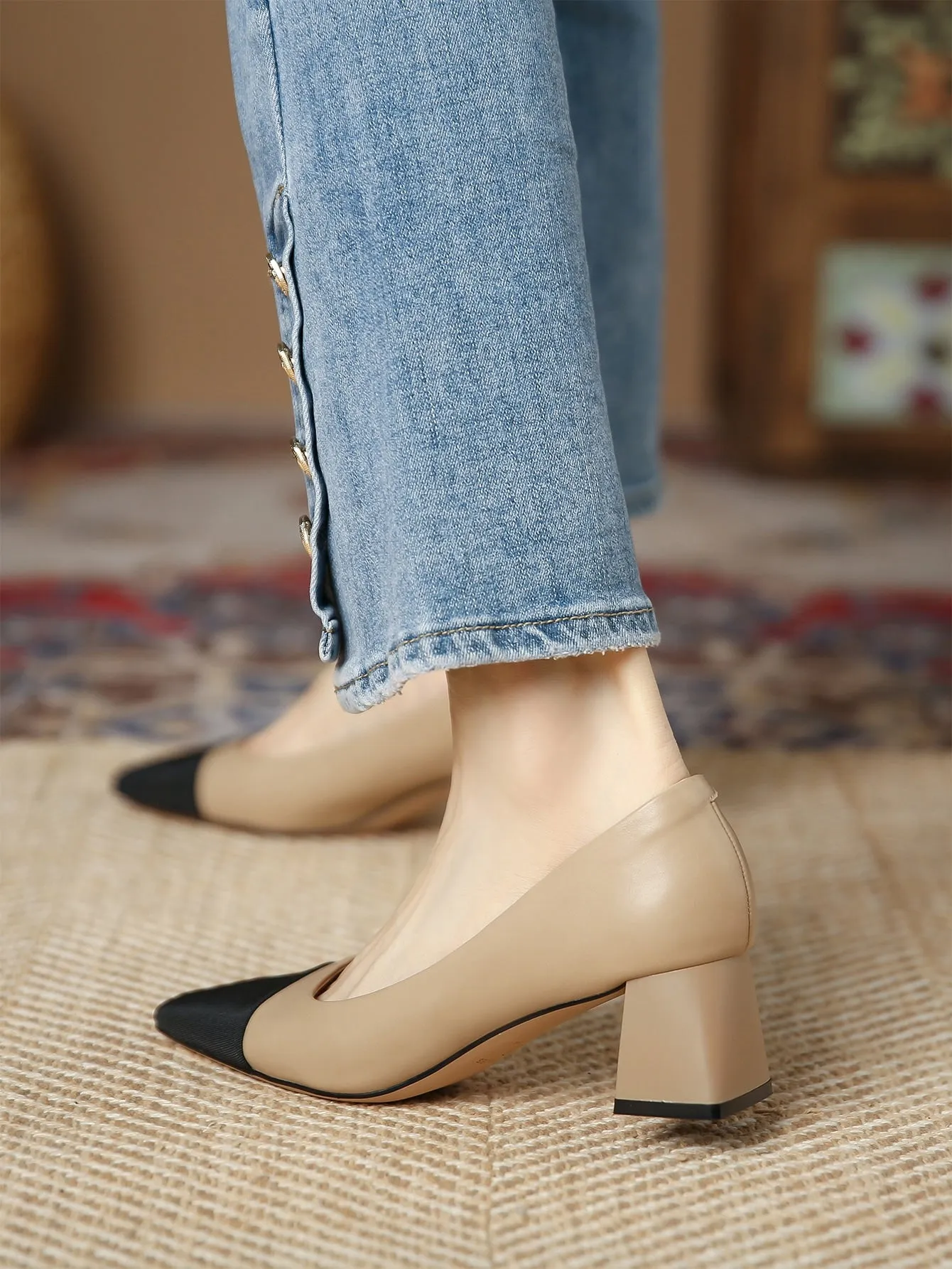 Women Two Tone Square Toe Chunky Heeled Pumps, Elegant Outdoor Court Pumps