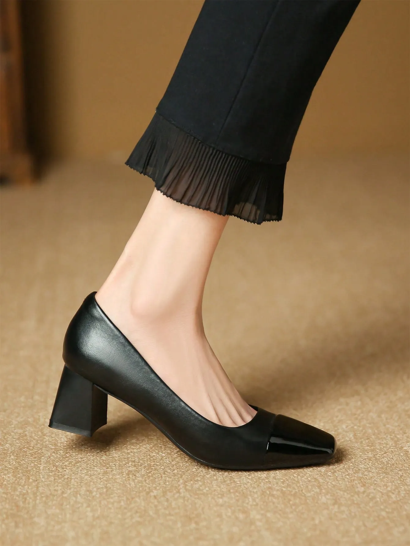 Women Two Tone Square Toe Chunky Heeled Pumps, Elegant Outdoor Court Pumps