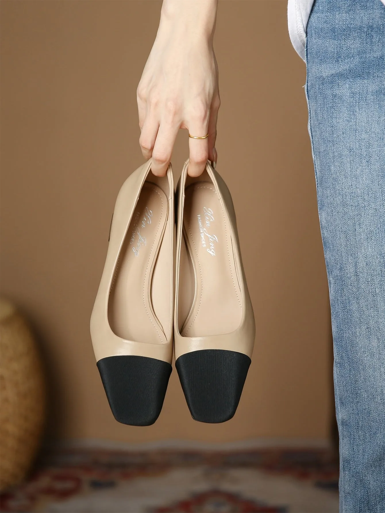 Women Two Tone Square Toe Chunky Heeled Pumps, Elegant Outdoor Court Pumps