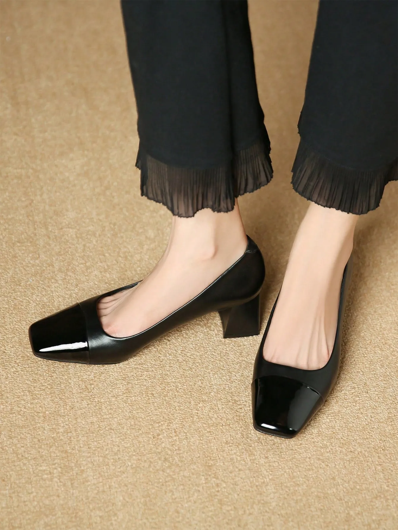 Women Two Tone Square Toe Chunky Heeled Pumps, Elegant Outdoor Court Pumps