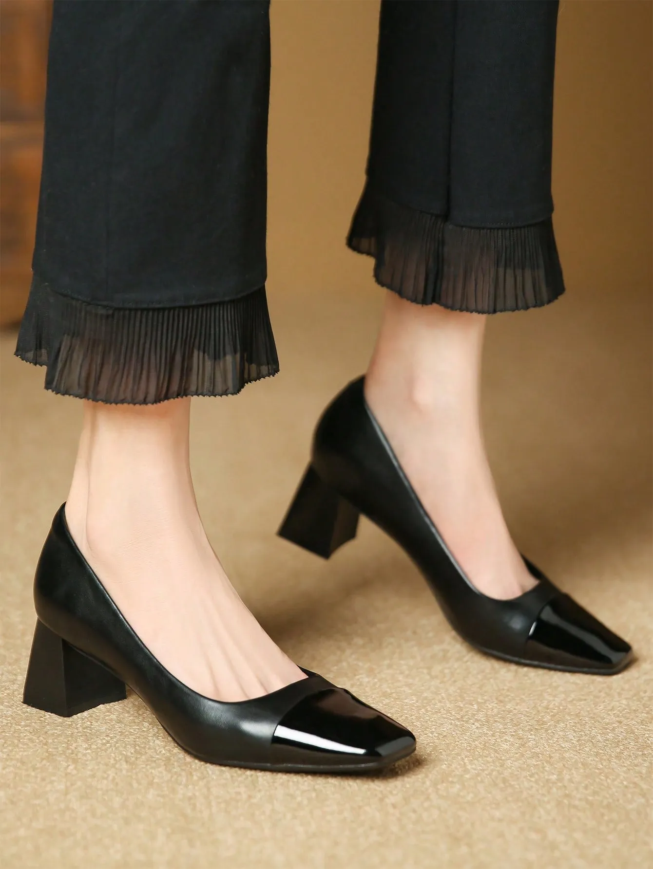 Women Two Tone Square Toe Chunky Heeled Pumps, Elegant Outdoor Court Pumps