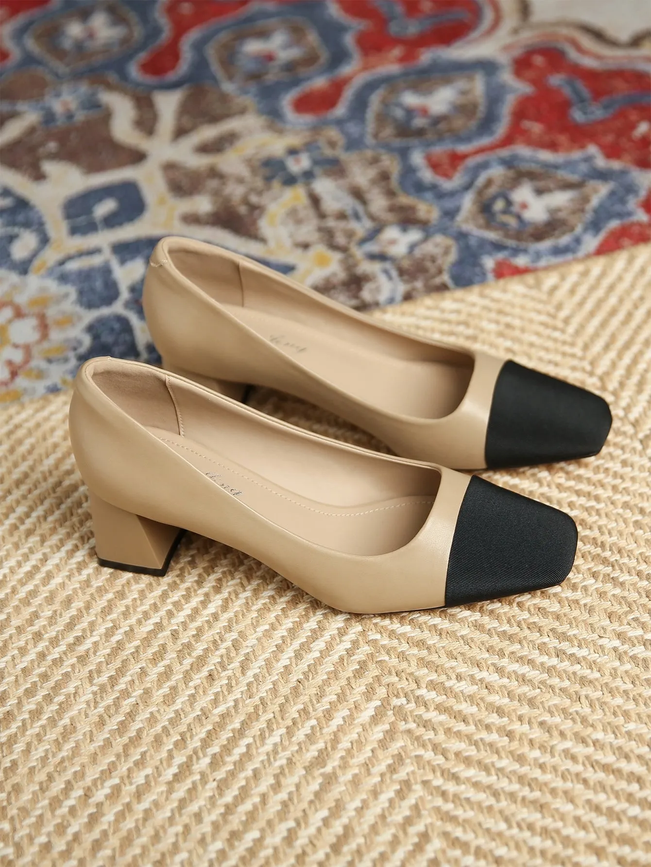 Women Two Tone Square Toe Chunky Heeled Pumps, Elegant Outdoor Court Pumps