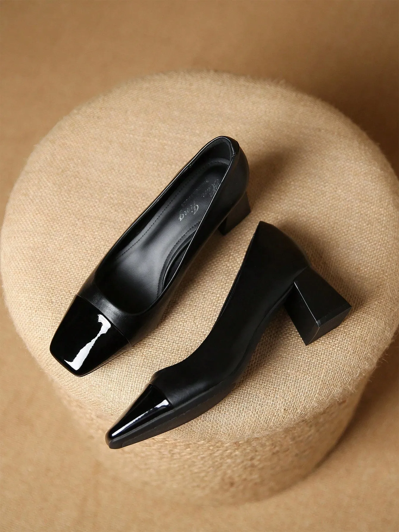 Women Two Tone Square Toe Chunky Heeled Pumps, Elegant Outdoor Court Pumps
