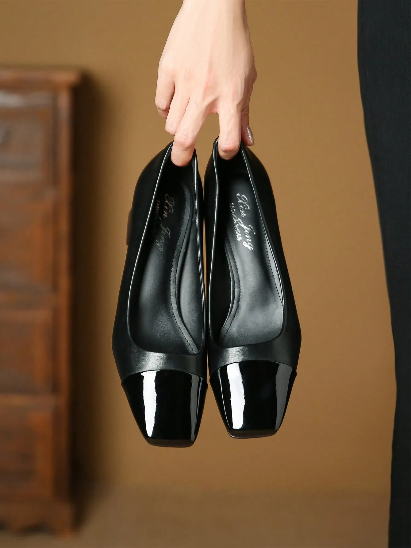 Women Two Tone Square Toe Chunky Heeled Pumps, Elegant Outdoor Court Pumps