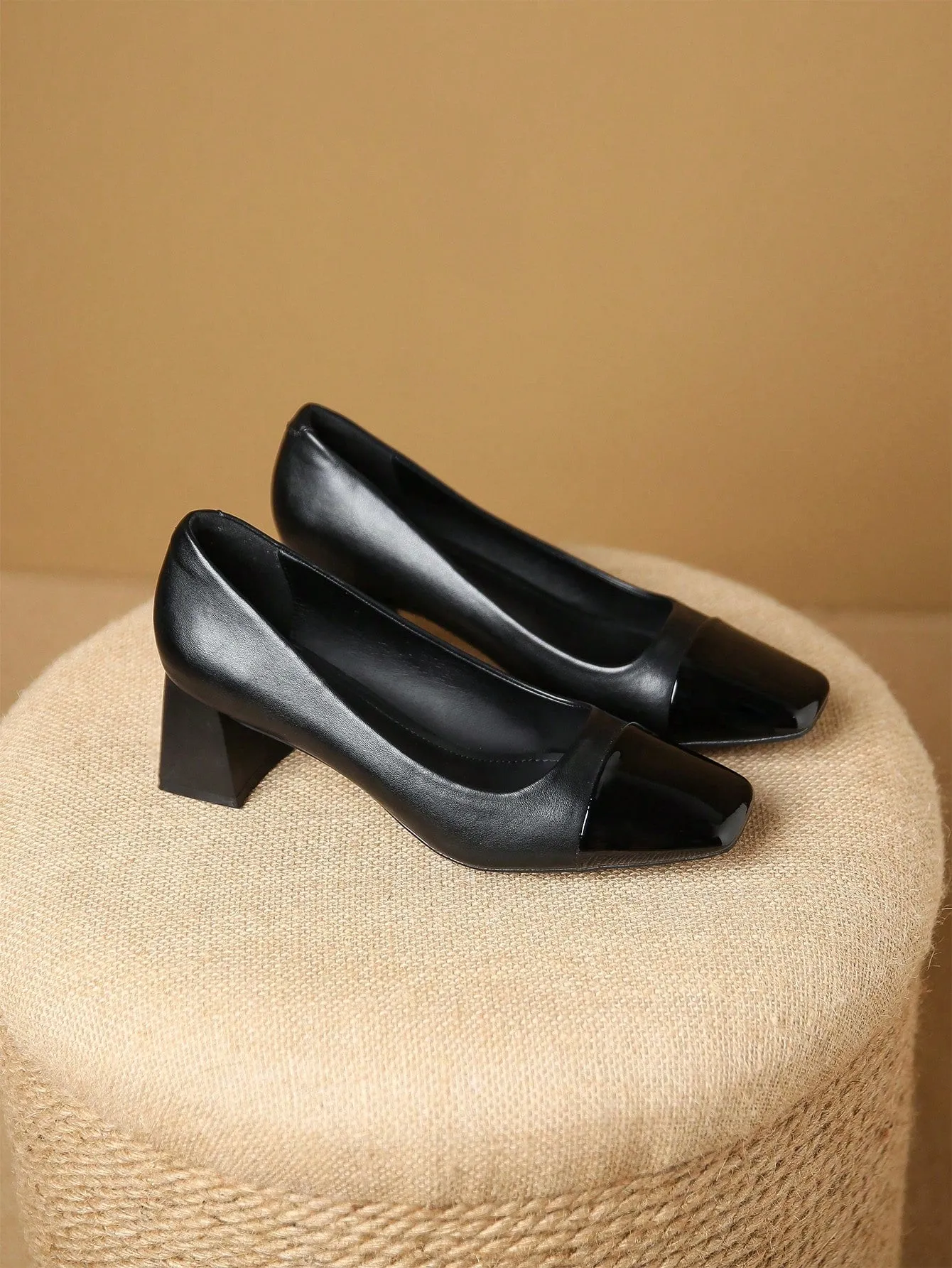 Women Two Tone Square Toe Chunky Heeled Pumps, Elegant Outdoor Court Pumps
