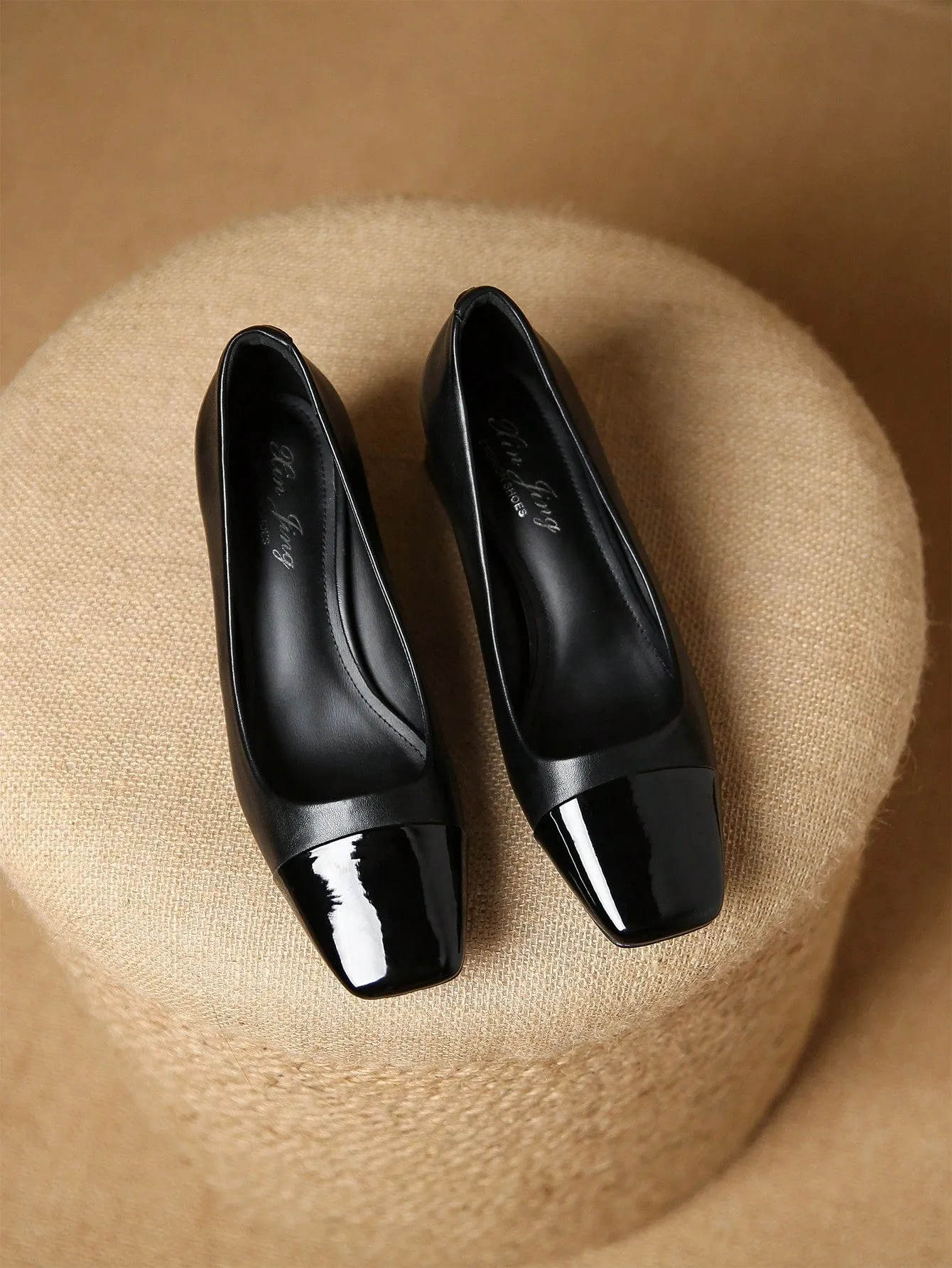 Women Two Tone Square Toe Chunky Heeled Pumps, Elegant Outdoor Court Pumps