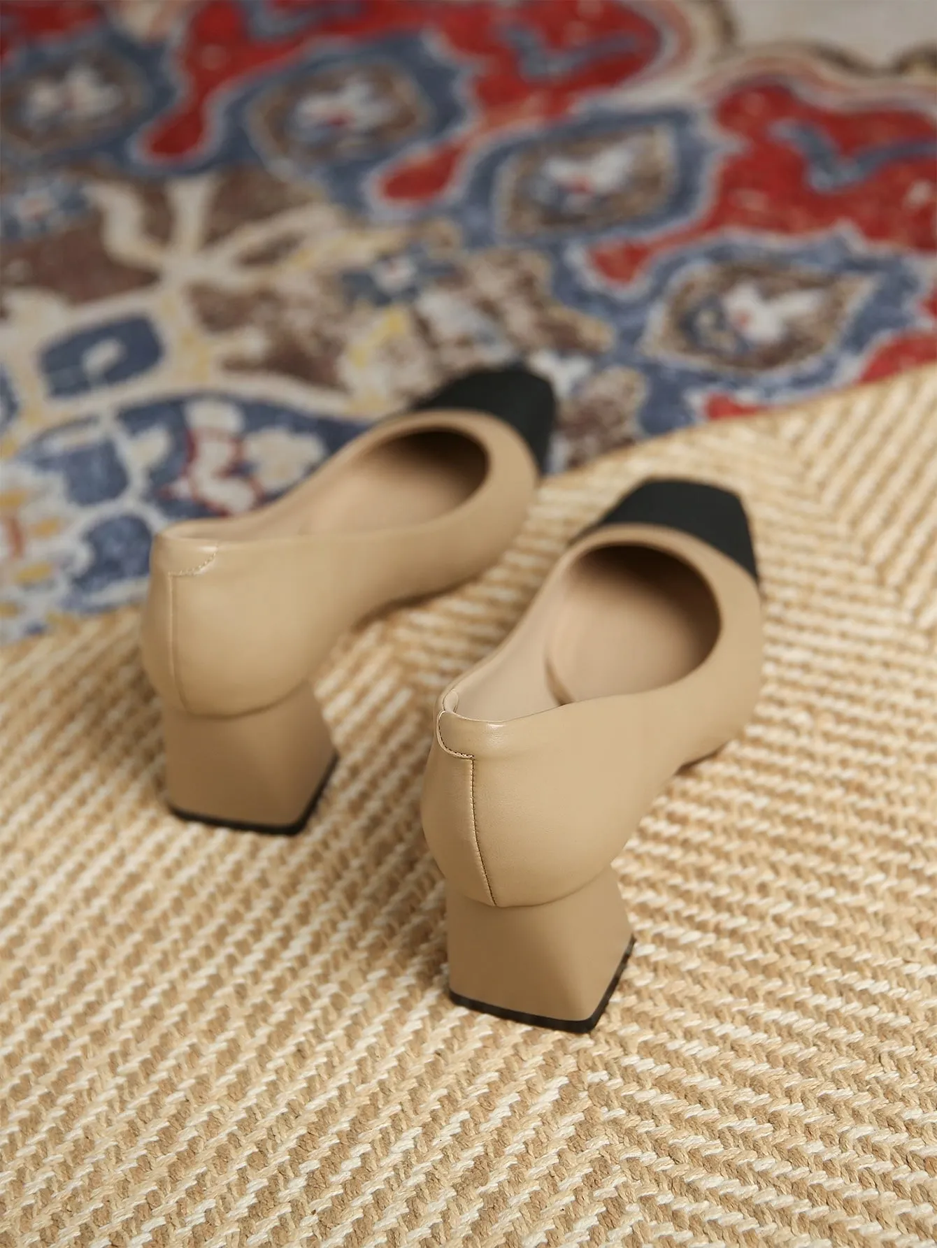 Women Two Tone Square Toe Chunky Heeled Pumps, Elegant Outdoor Court Pumps