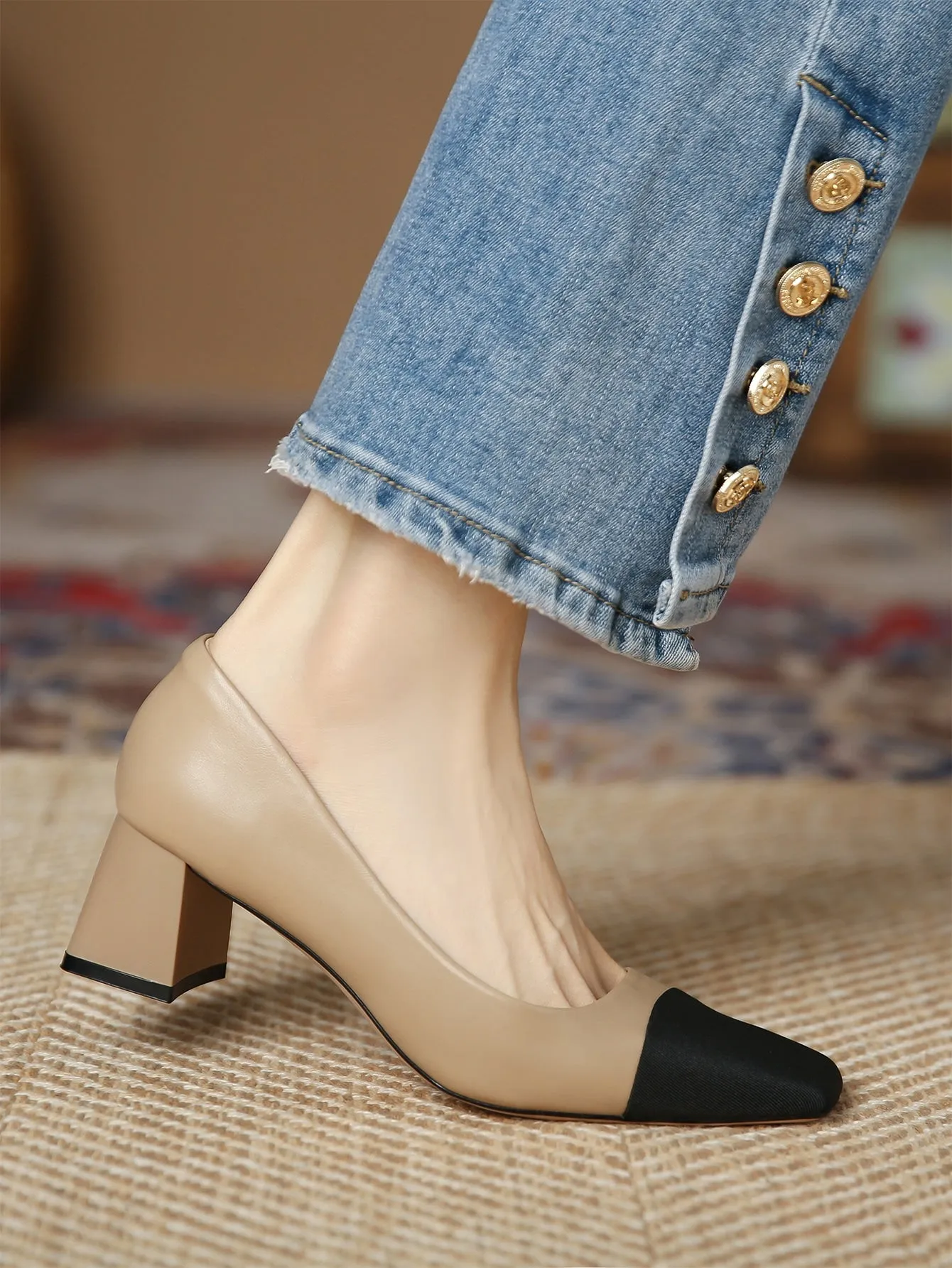 Women Two Tone Square Toe Chunky Heeled Pumps, Elegant Outdoor Court Pumps