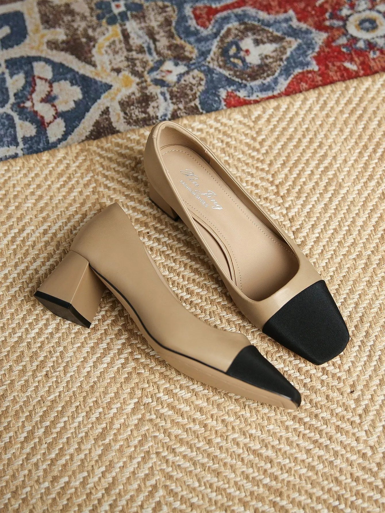 Women Two Tone Square Toe Chunky Heeled Pumps, Elegant Outdoor Court Pumps