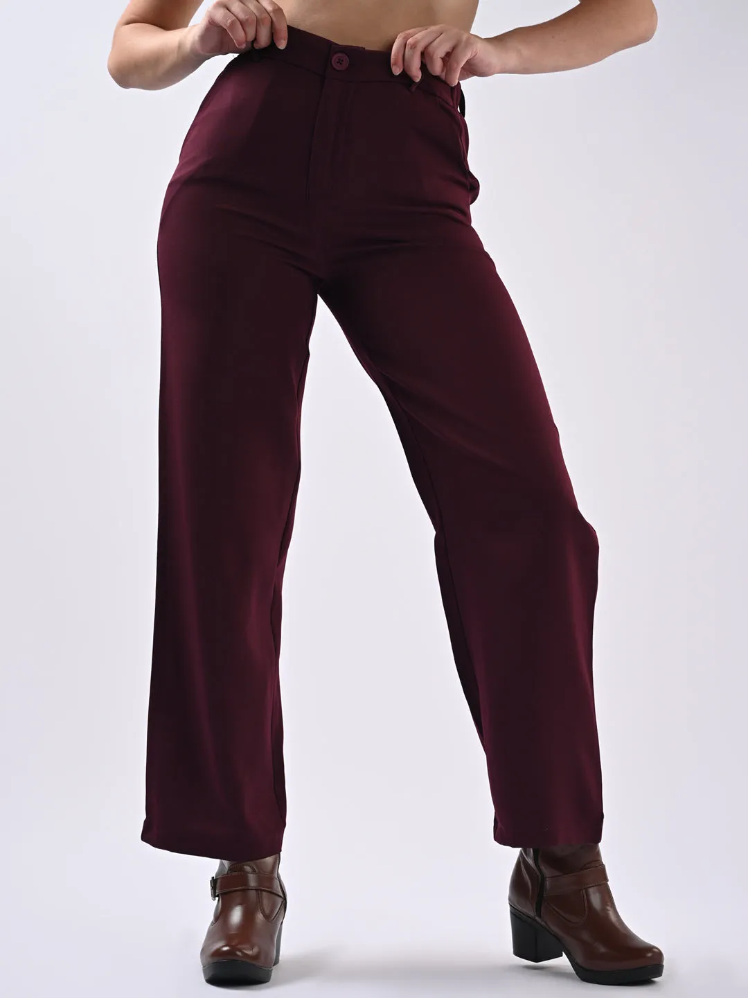 Women Wine Mid-Rise Wide Leg Trouser