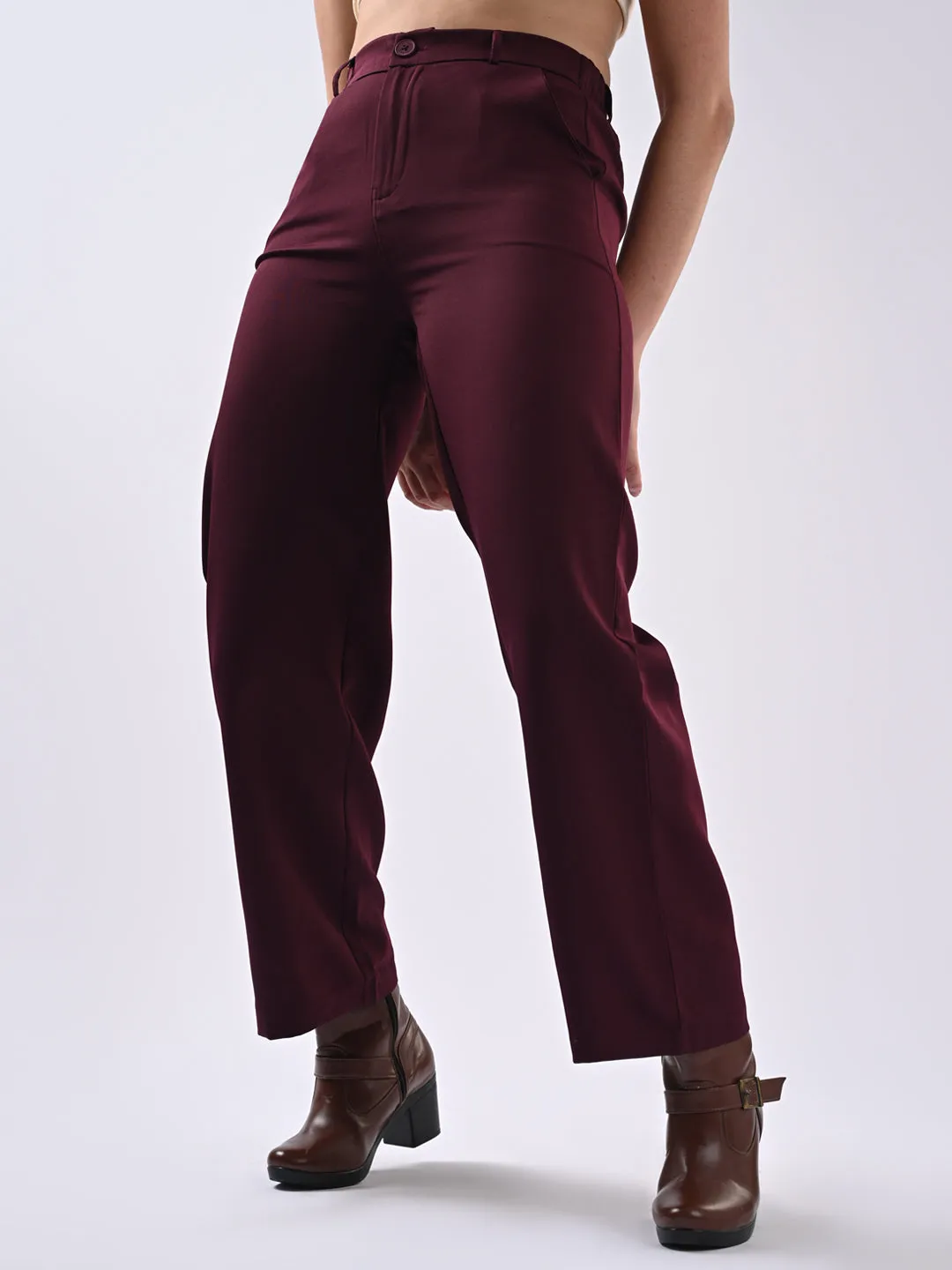 Women Wine Mid-Rise Wide Leg Trouser