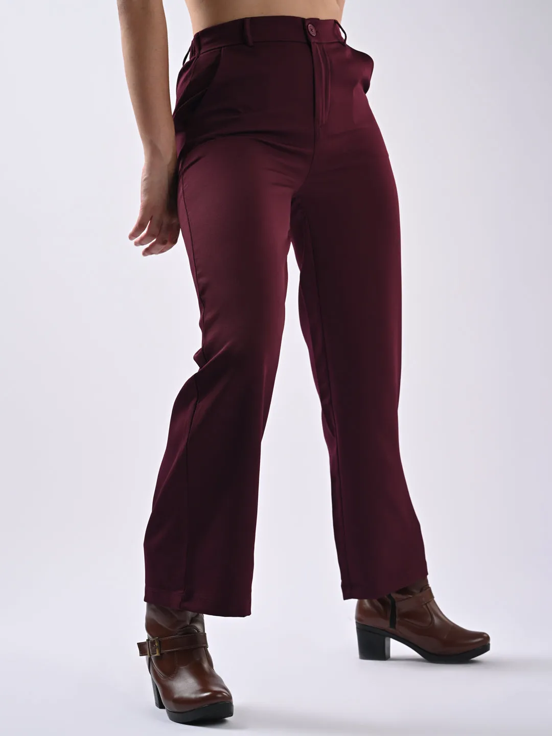 Women Wine Mid-Rise Wide Leg Trouser