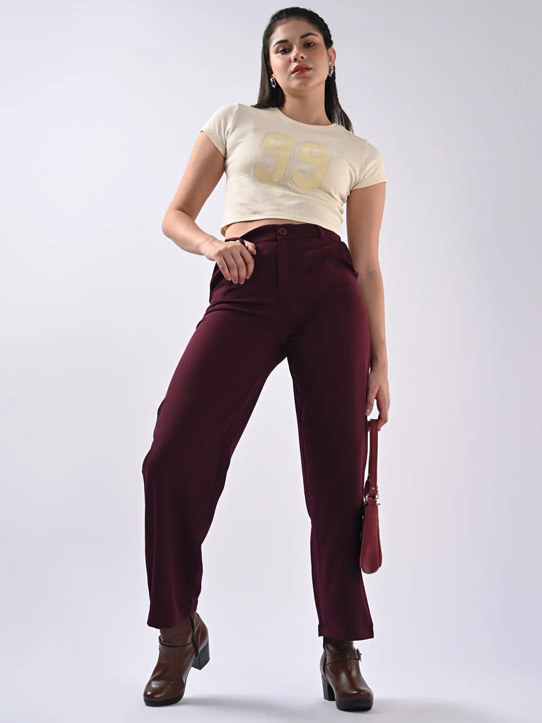 Women Wine Mid-Rise Wide Leg Trouser