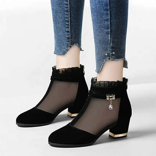 Women'S Elegant Black Mesh Block Heel Pumps 98180082