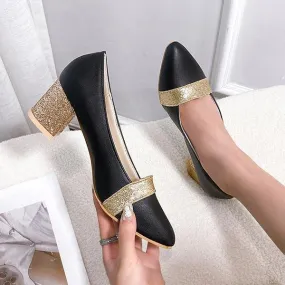 Women's Fashion Sequins Pointed Toe Chunky Heels 46126598C