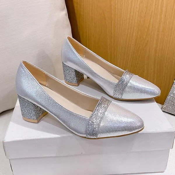 Women's Fashion Sequins Pointed Toe Chunky Heels 46126598C