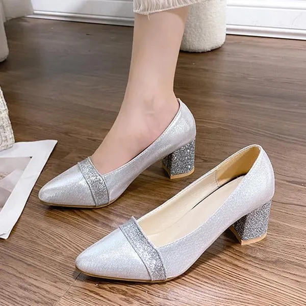 Women's Fashion Sequins Pointed Toe Chunky Heels 46126598C