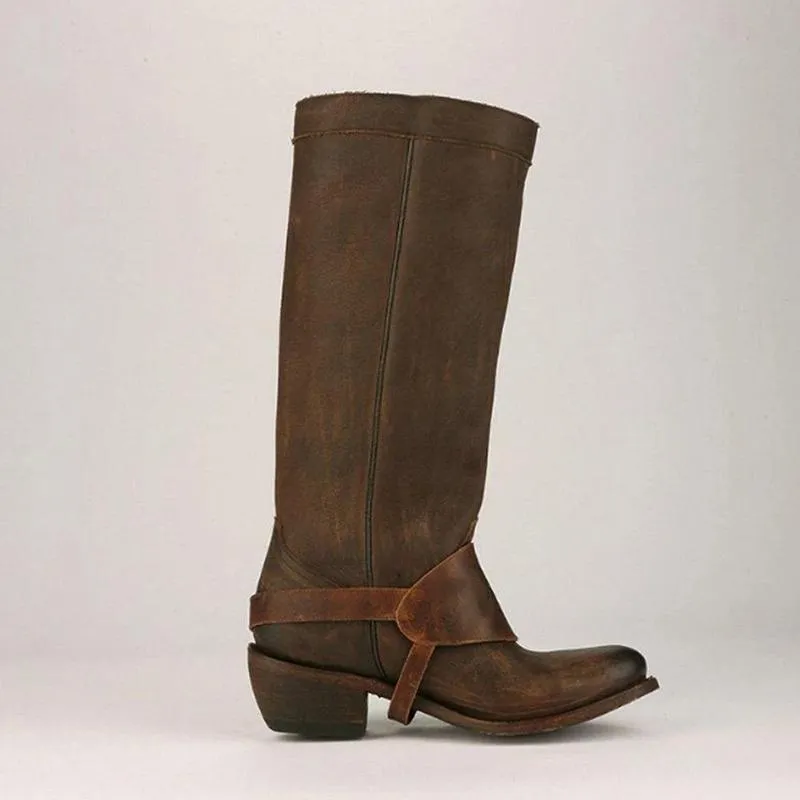 Women's knee high fringe boots low heel biker boots with tassels