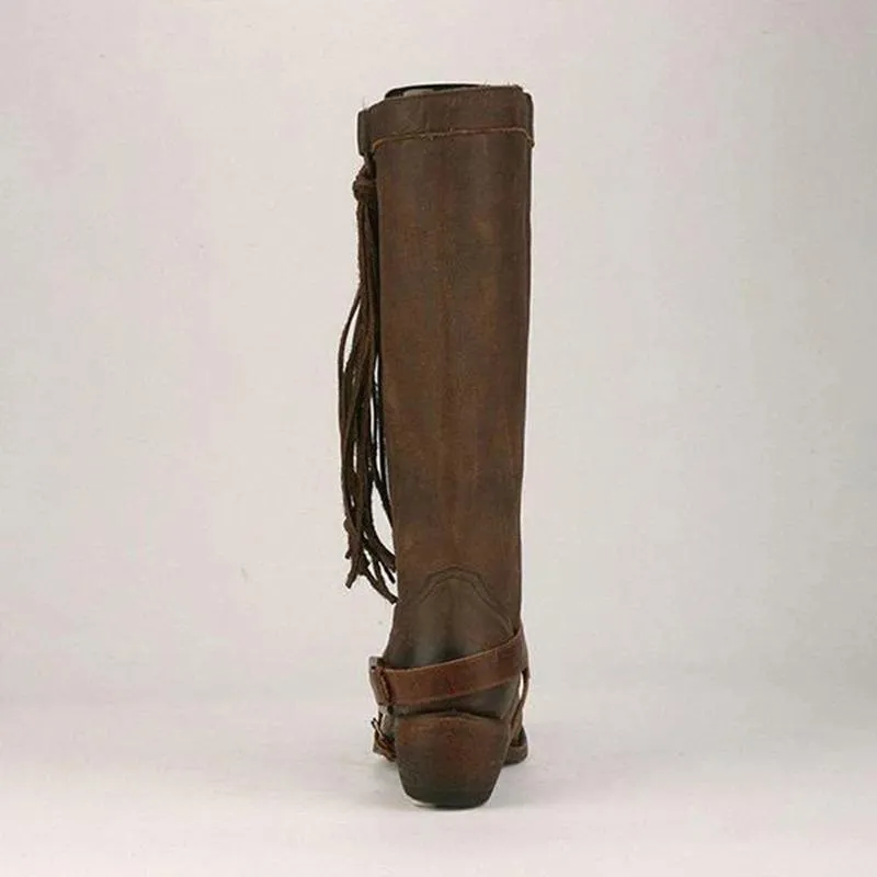 Women's knee high fringe boots low heel biker boots with tassels