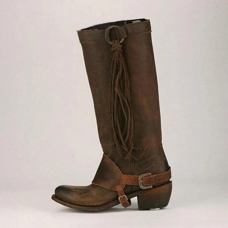 Women's knee high fringe boots low heel biker boots with tassels