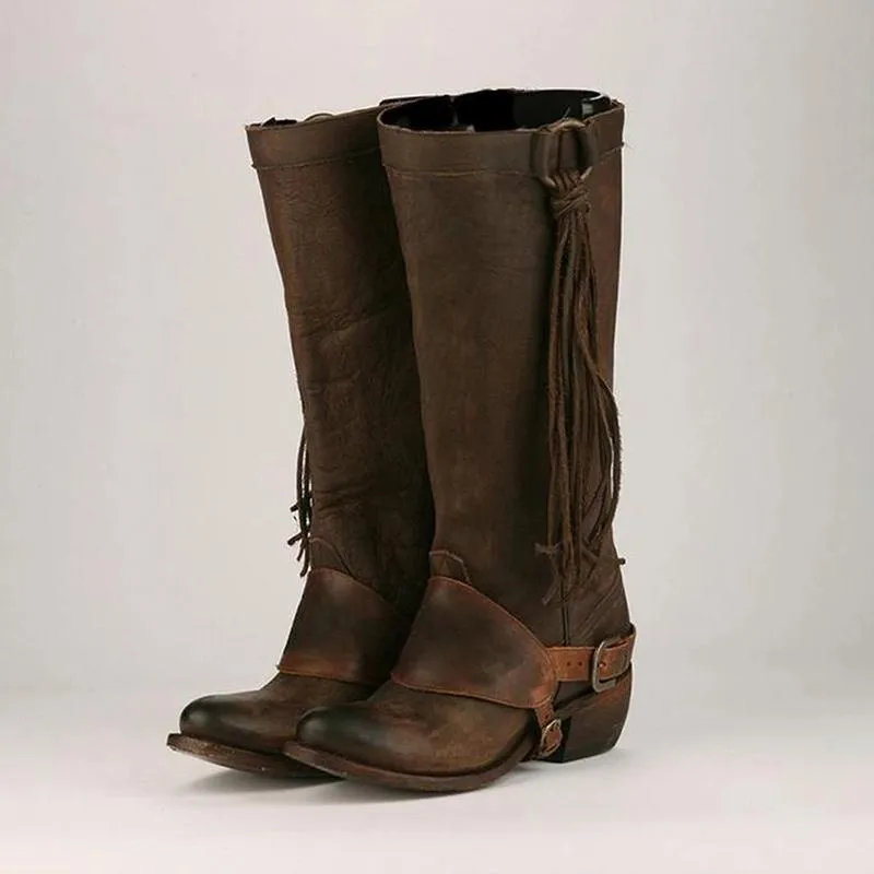 Women's knee high fringe boots low heel biker boots with tassels