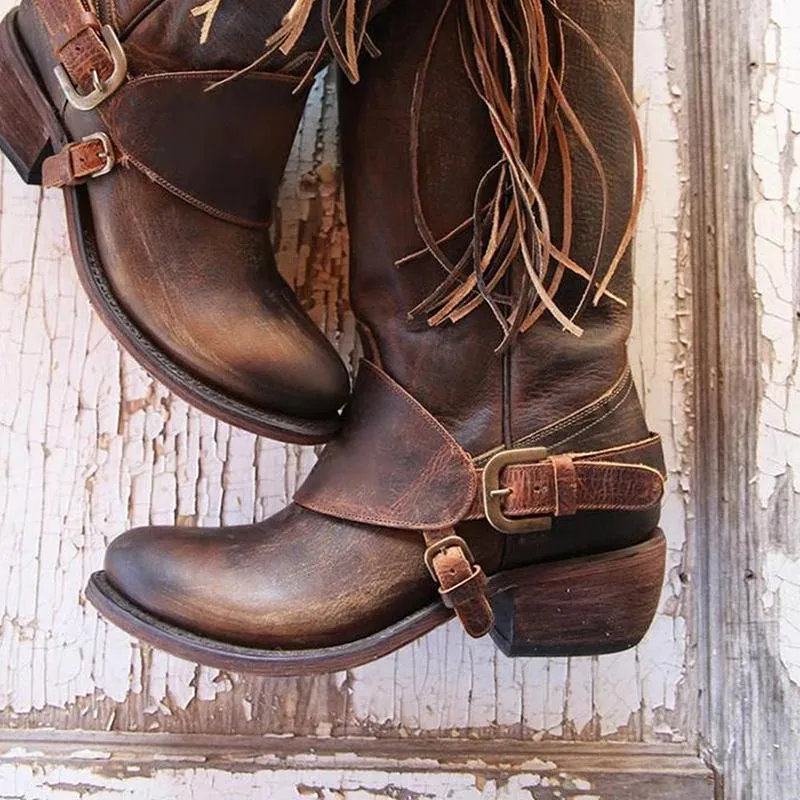 Women's knee high fringe boots low heel biker boots with tassels