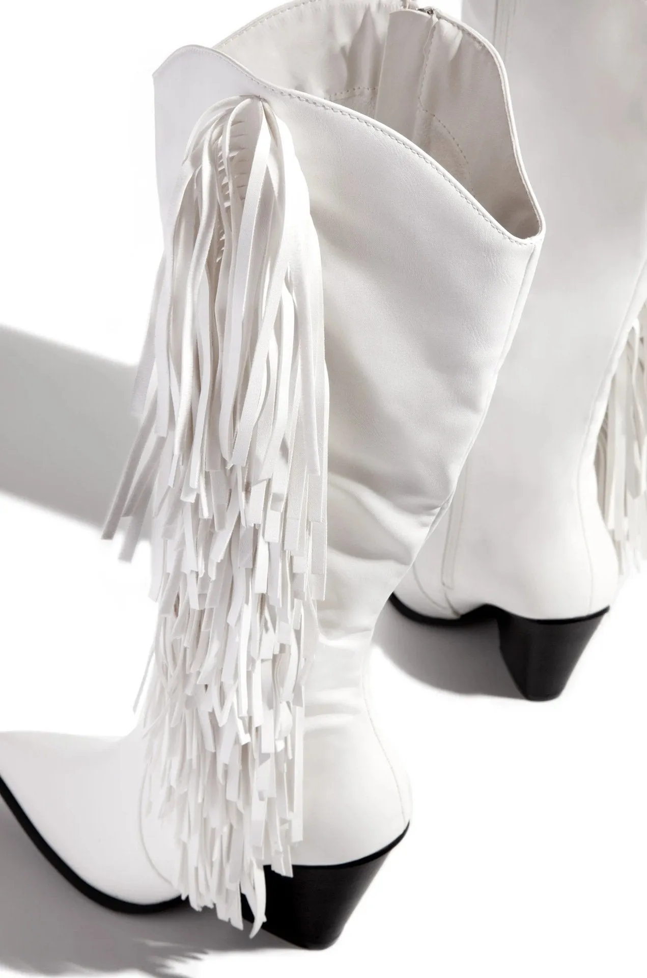 Women's knee high fringe boots pointed toe block heel tassels boots