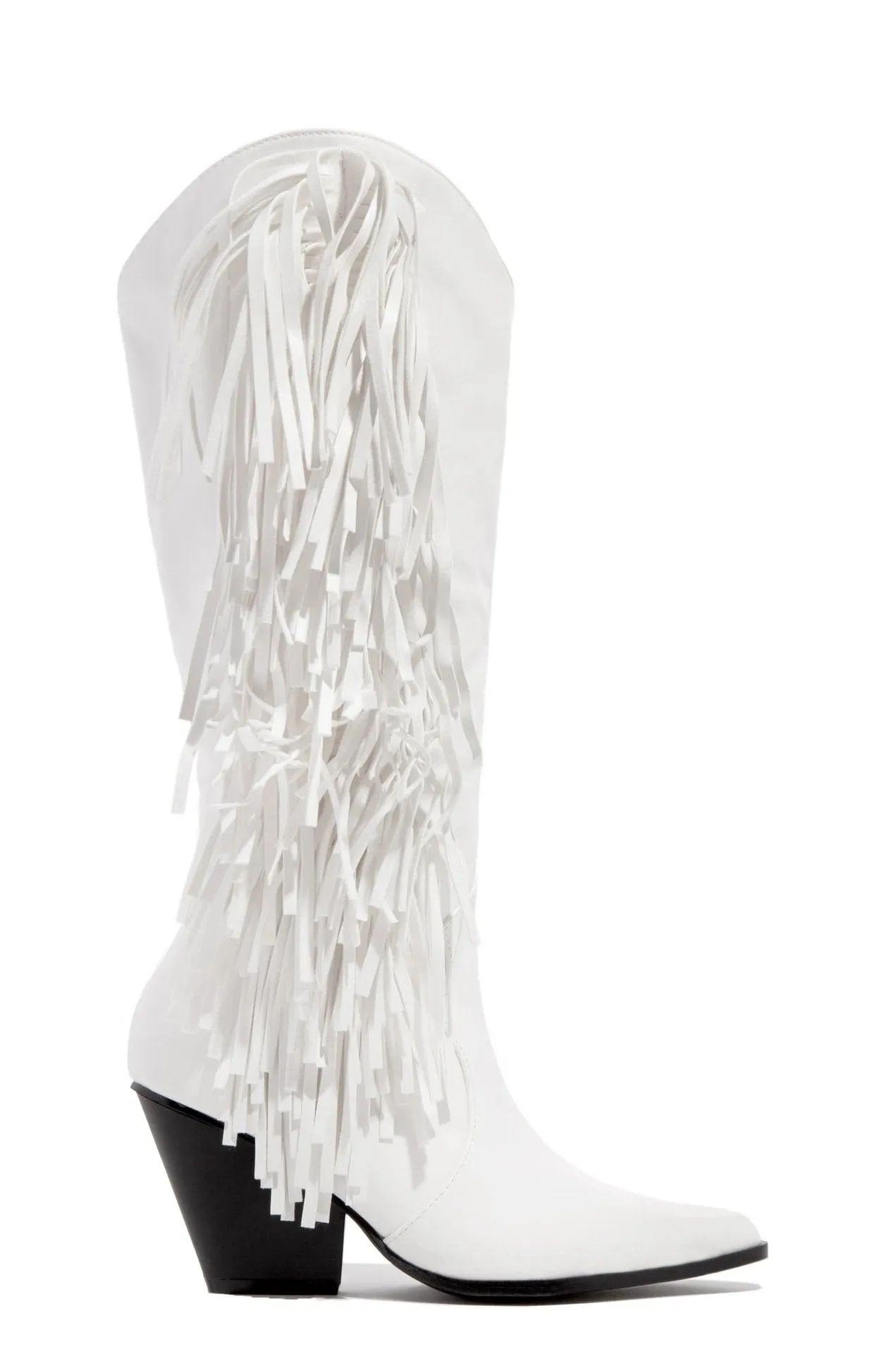 Women's knee high fringe boots pointed toe block heel tassels boots