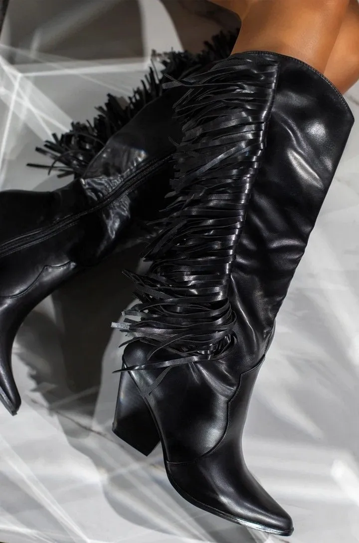 Women's knee high fringe boots pointed toe block heel tassels boots