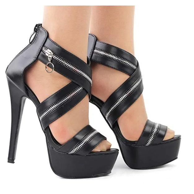 Women's Sexy Black Faux Leather Platform Sandals