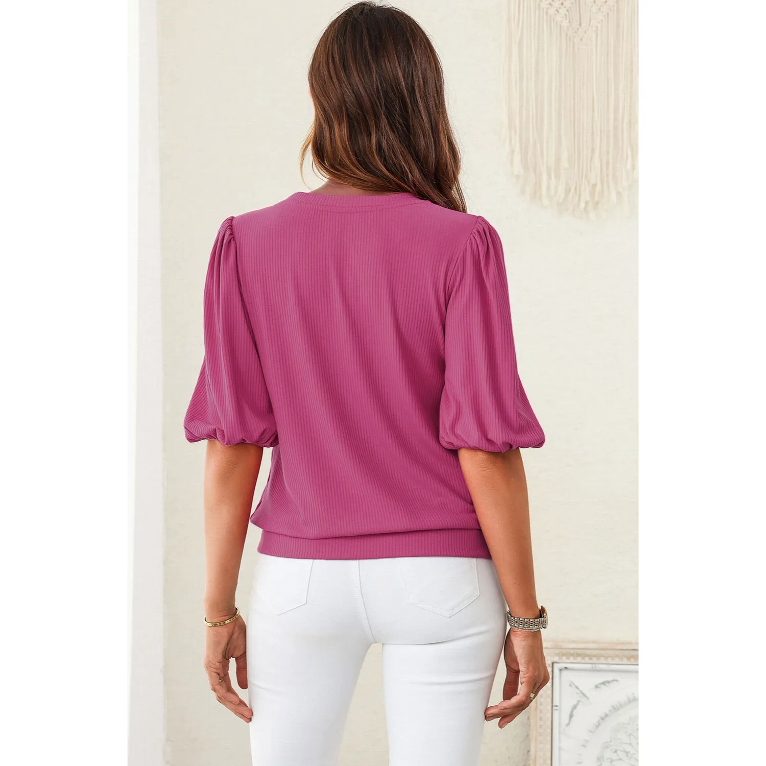 Women's Trendy Puff-Sleeve Top - Soft & Breathable Slim Fit-Pink