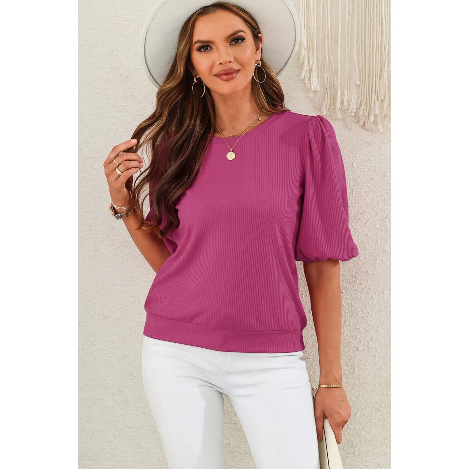 Women's Trendy Puff-Sleeve Top - Soft & Breathable Slim Fit-Pink