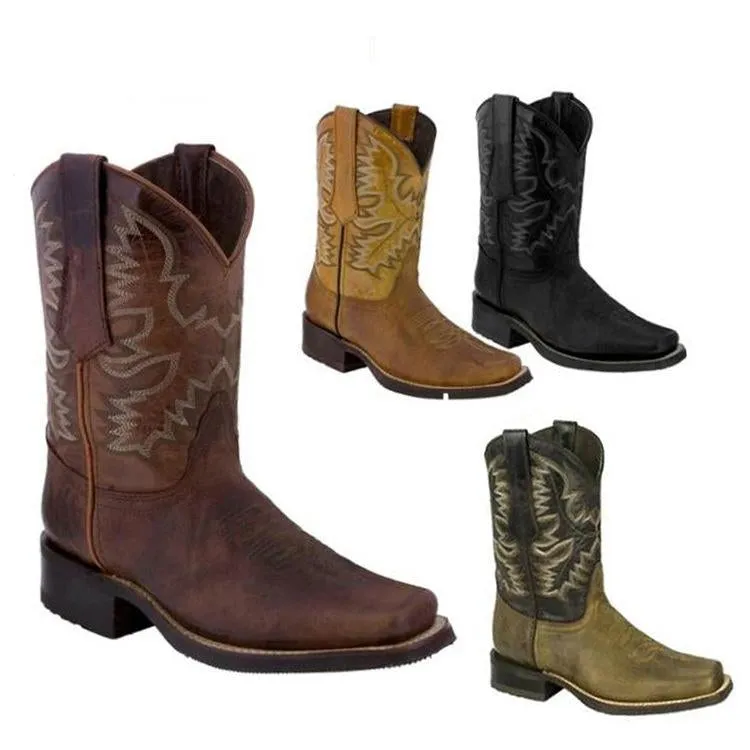 Women's vintage mid calf cowboy boots square toe floral pattern western boots